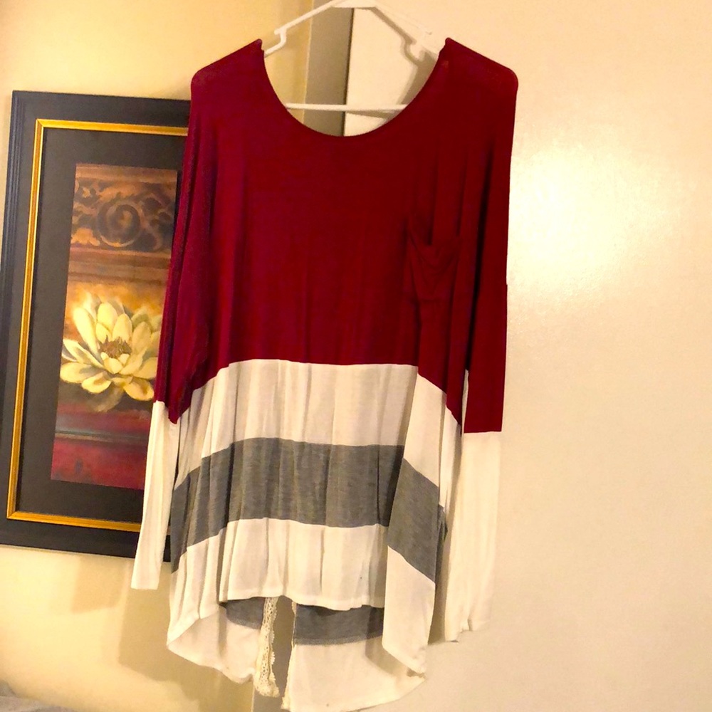 Maroon white and gray shirt